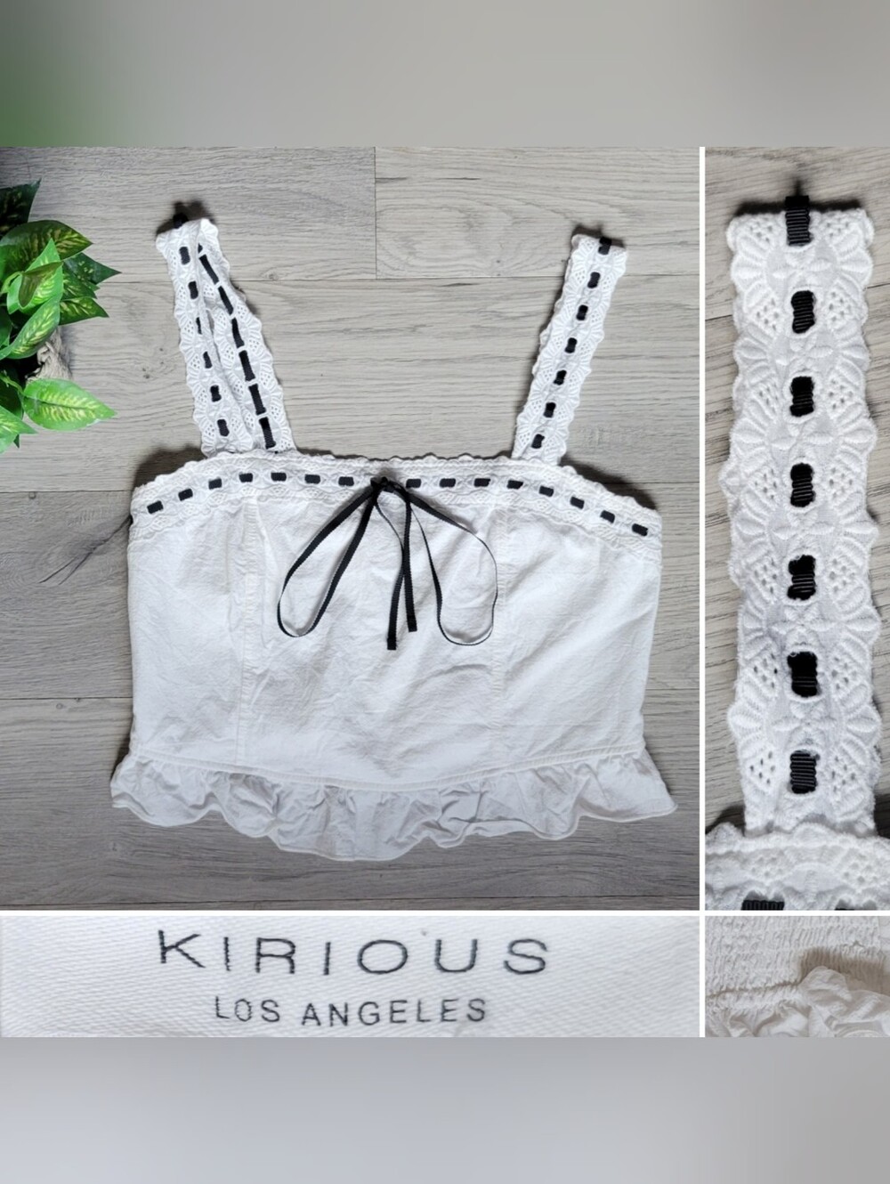 Kirious Los Angeles White & Black Crochet Lace Ruffle Hem Crop Blouse, Large